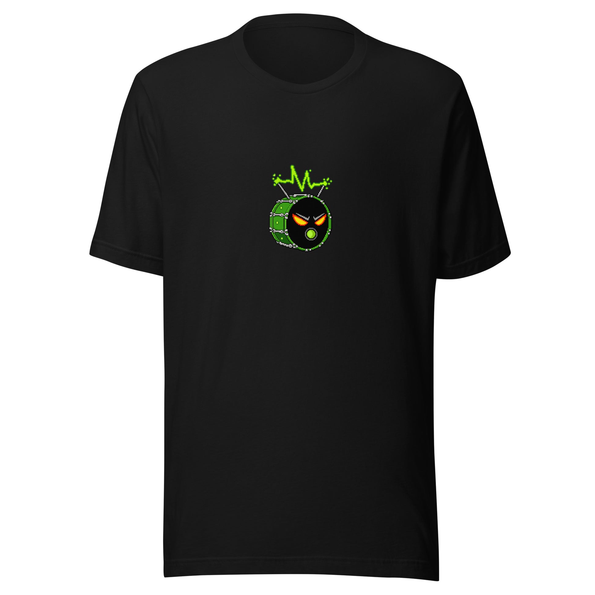 Shirt-only front view of the black CAPT Blastoff tee with a small centered pixel drum logo